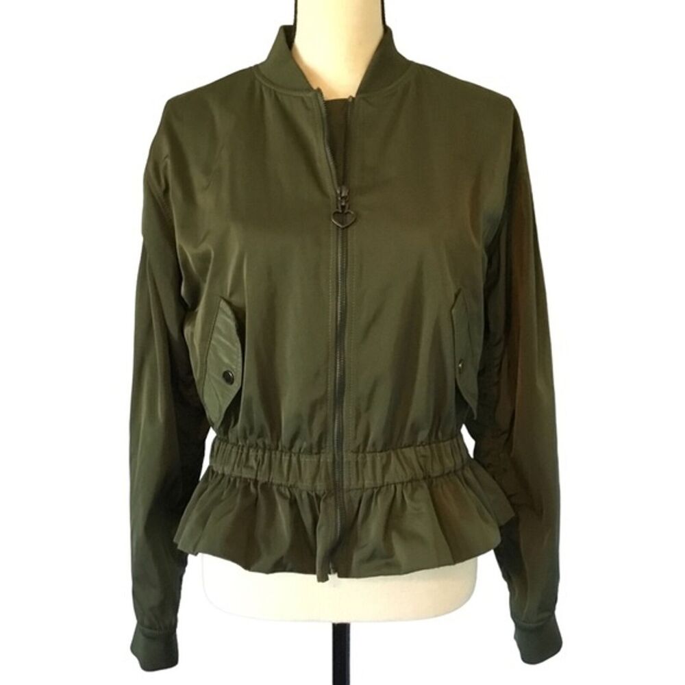 Kate Spade New York Full Zip Olive Green Bomber Jacket With Peplum Hem Size SM - Picture 4 of 10